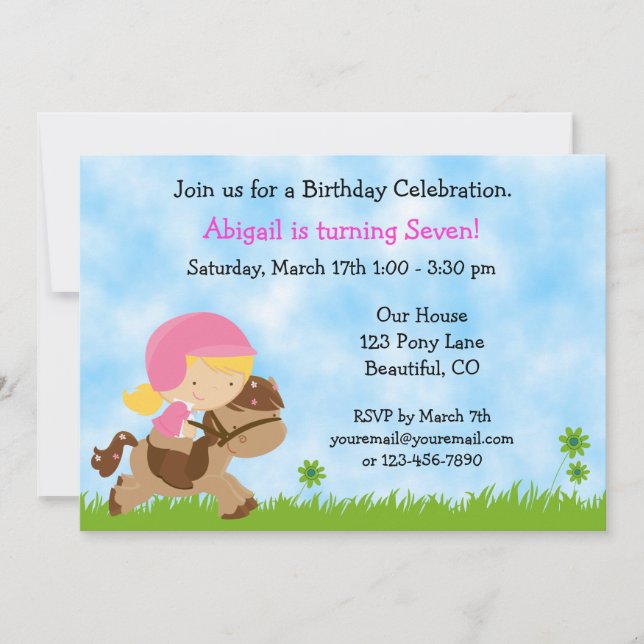 Cute Horse Birthday Invitation for Girls (Front)