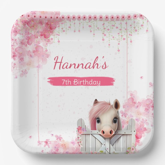 Cute Horse Birthday Party Pink Floral Personalized Paper Plate (Front)