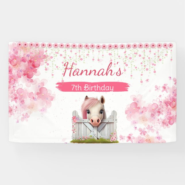 Cute Horse Birthday Pink Floral Personalized party Banner (Horizontal)