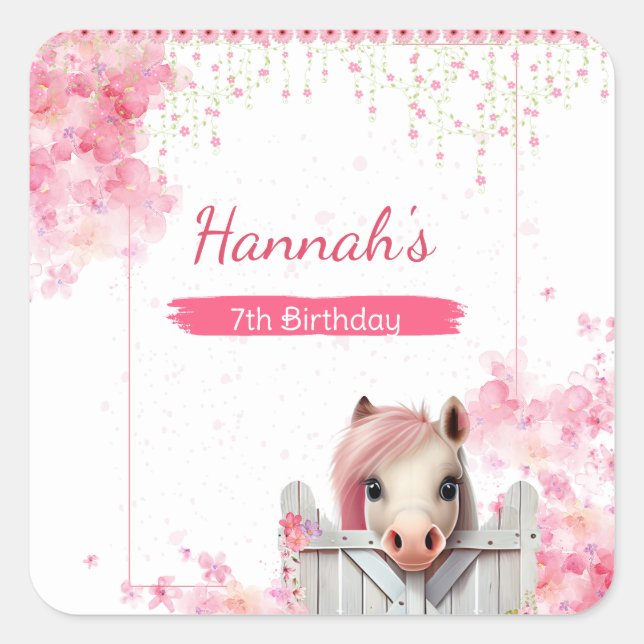Cute Horse Birthday Pink Floral Personalized Square Sticker (Front)