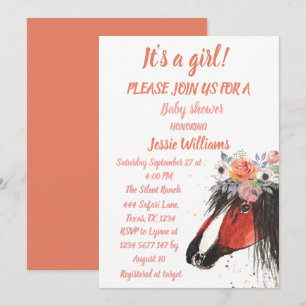 Cute Horse Boho Ranch Baby Girl Western Floral Inv Invitation