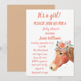 Cute Horse Boho Ranch Baby Girl Western Floral Invitation