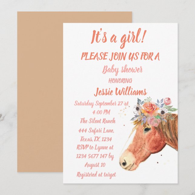Cute Horse Boho Ranch Baby Girl Western Floral Invitation (Front/Back)