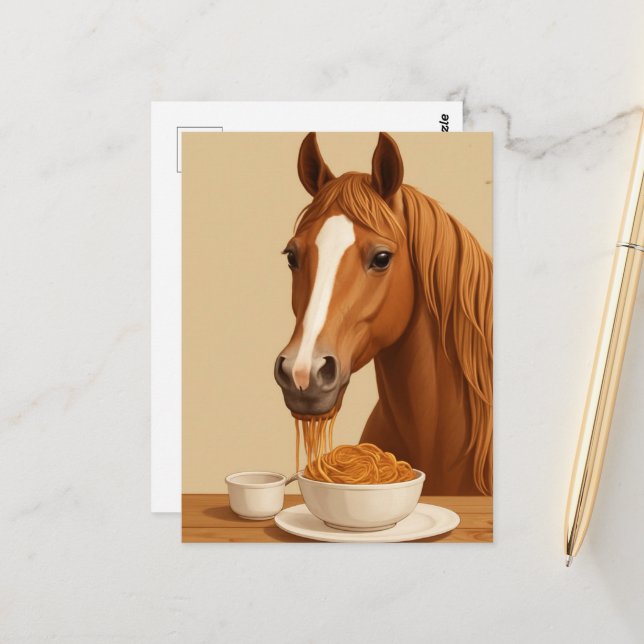 cute horse eating spaghetti postcard (Front/Back In Situ)