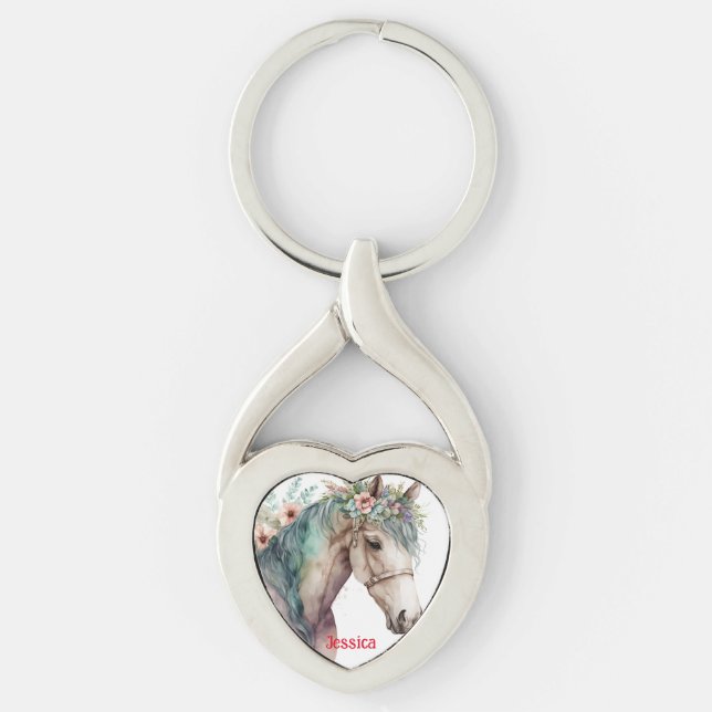 Cute Horse Flowers Animal Lover Name Keychain (Front)