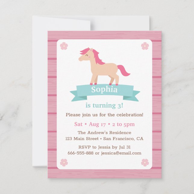 Cute Horse Girls Pink Birthday Party Invitation (Front)