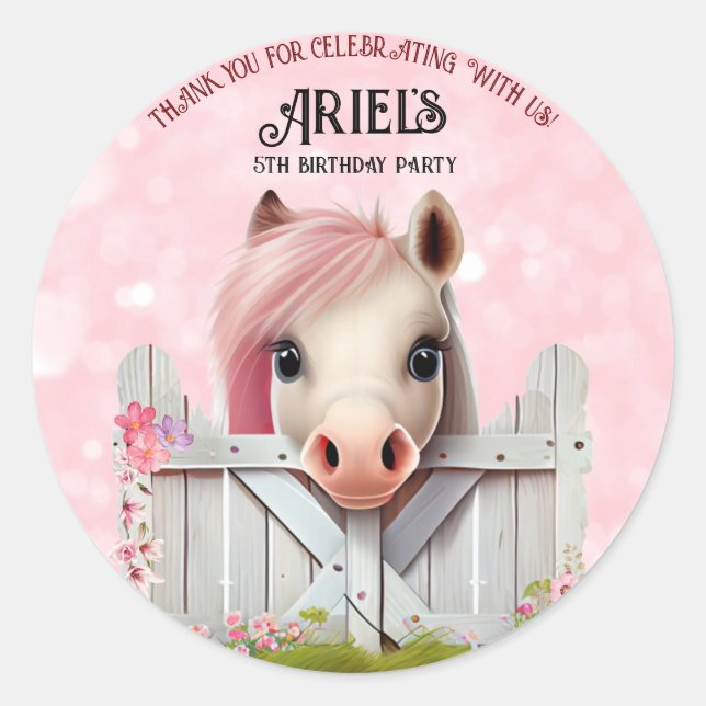 Cute Horse near Fence Birthday Party Personalized Classic Round Sticker (Front)