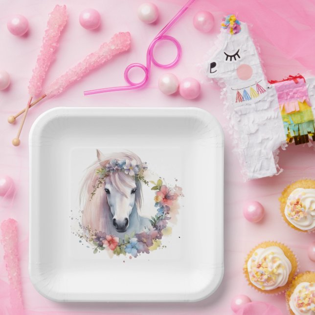 Cute Horse Pony Flowers Kids Birthday Party Paper Plate (Party)