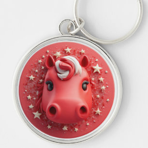 Cute Horse Portrait in Vibrant Red and White Keychain