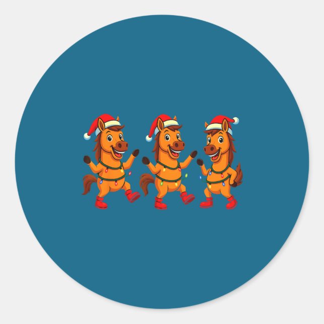 Cute Horse Santa Hat Dancing Lights Christmas Danc Classic Round Sticker (Front)