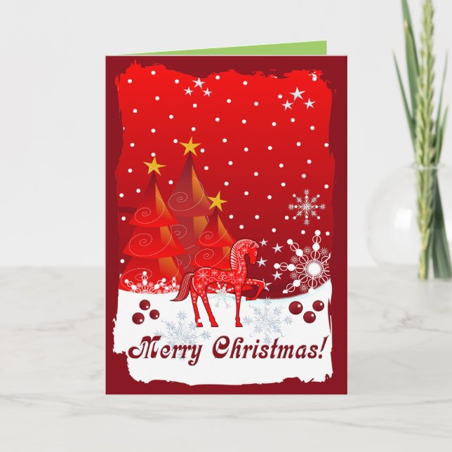 Cute Horse, Snowflakes & Xmas Trees custom Holiday Card (Front)