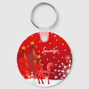 Cute Horse, Snowflakes & Xmas Trees custom Name Keychain