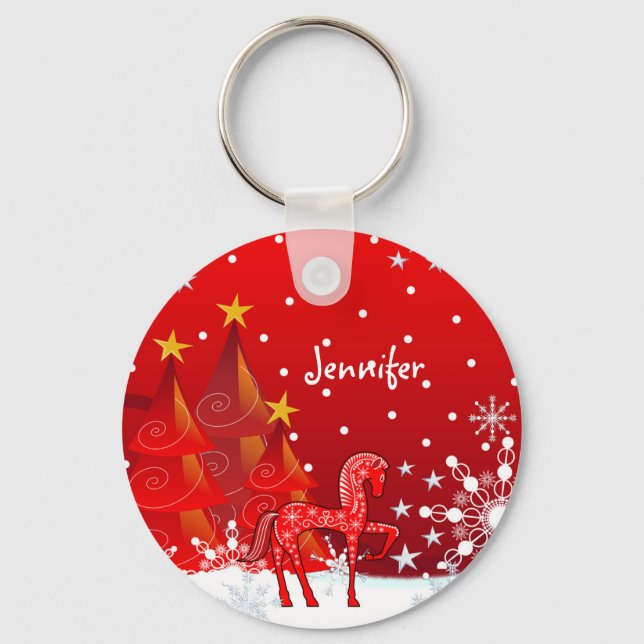 Cute Horse, Snowflakes & Xmas Trees custom Name Keychain (Front)