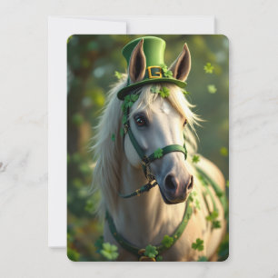 Cute horse with green hat, bridle and shamrocks holiday card