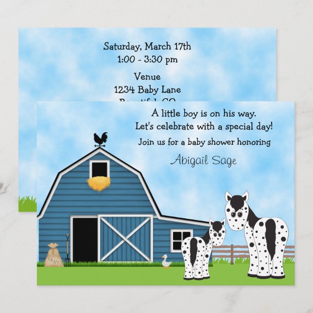 Cute Horses and Barn Boys Baby Shower Invitation (Front/Back)