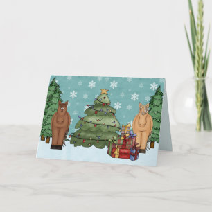 Cute Horses, Christmas Tree and Gifts Holiday Card