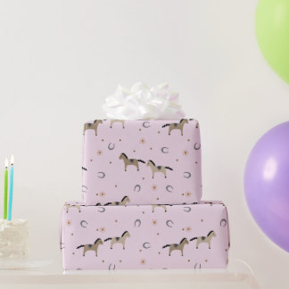 Cute Horses & Horseshoes Kids Birthday Soft Pink Wrapping Paper