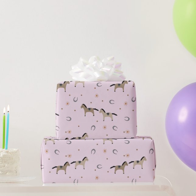 Cute Horses & Horseshoes Kids Birthday Soft Pink Wrapping Paper (Party Gifts)