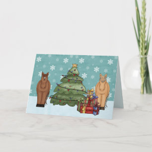 Cute Horses with Christmas Tree and Gifts Holiday Card