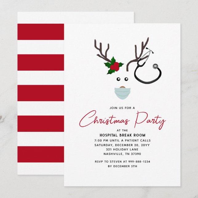 Cute Hospital Christmas Party Red Reindeer Invitation (Front/Back)
