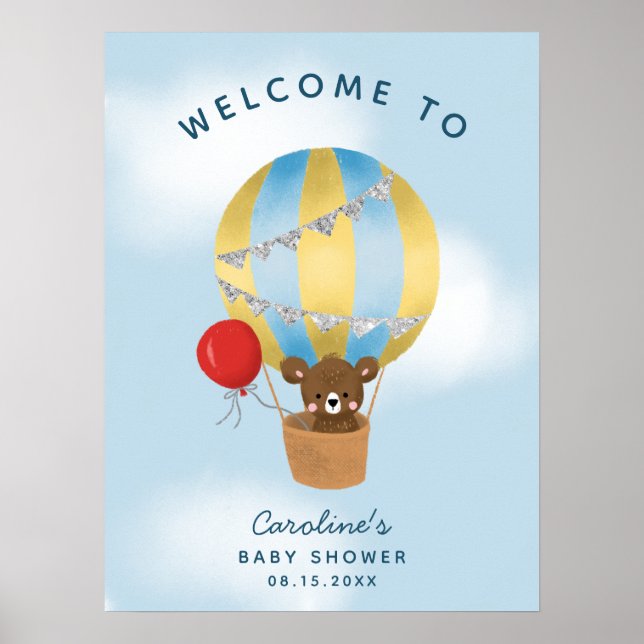 Cute Hot Air Balloon Boy Baby shower Affiche de bi (Devant)