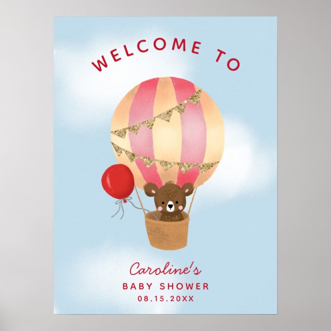 Cute Hot Air Balloon Girl Baby shower Affiche de b (Devant)