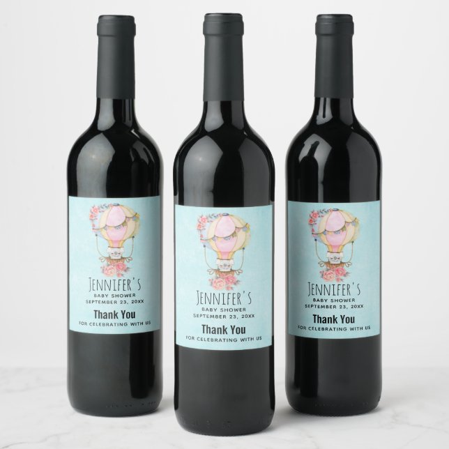 Cute Hot Air Balloon Watercolor Baby Shower Wine Label (Bottles)