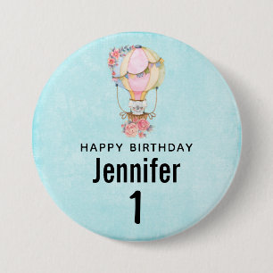 Cute Hot Air Balloon Watercolor Birthday 3 Inch Round Button