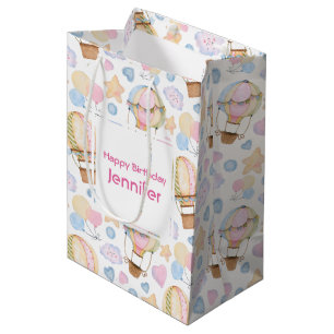 Cute Hot Air Balloon Watercolor Pattern Birthday Medium Gift Bag