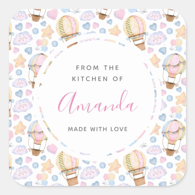 Cute Hot Air Balloon Watercolor Pattern Kitchen Square Sticker (Front)
