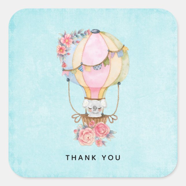 Cute Hot Air Balloon Watercolor Thank You Square Sticker (Front)