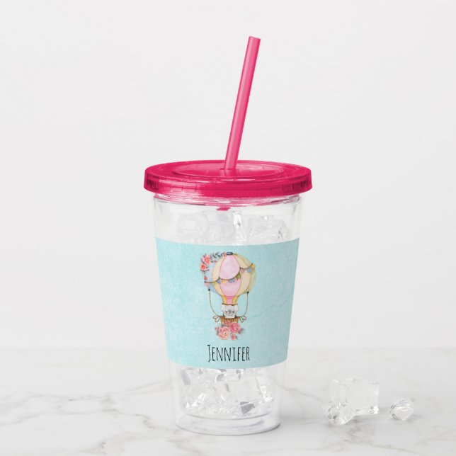 Cute Hot Air Balloon with Bear Watercolor Acrylic Tumbler (Back Ice)