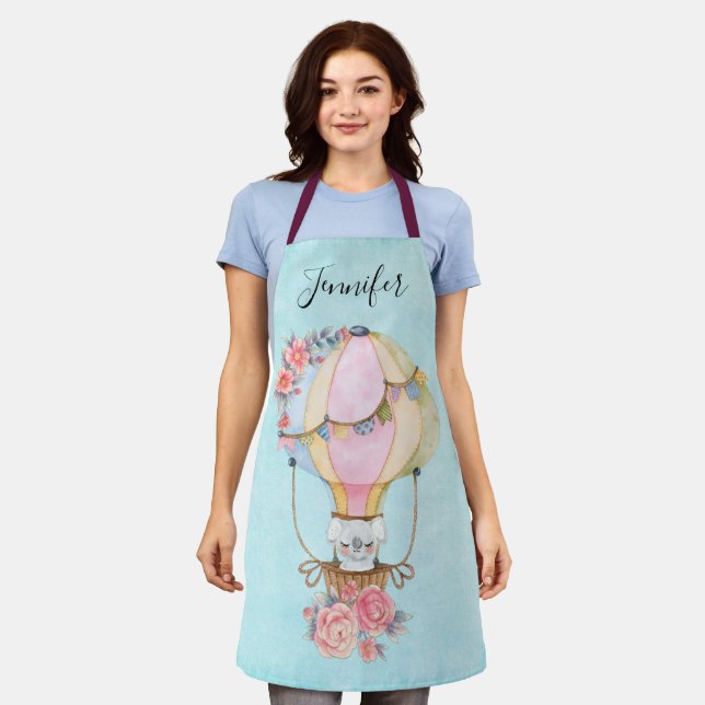 Cute Hot Air Balloon with Bear Watercolor  Apron (Worn)