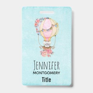 Cute Hot Air Balloon with Bear Watercolor Badge