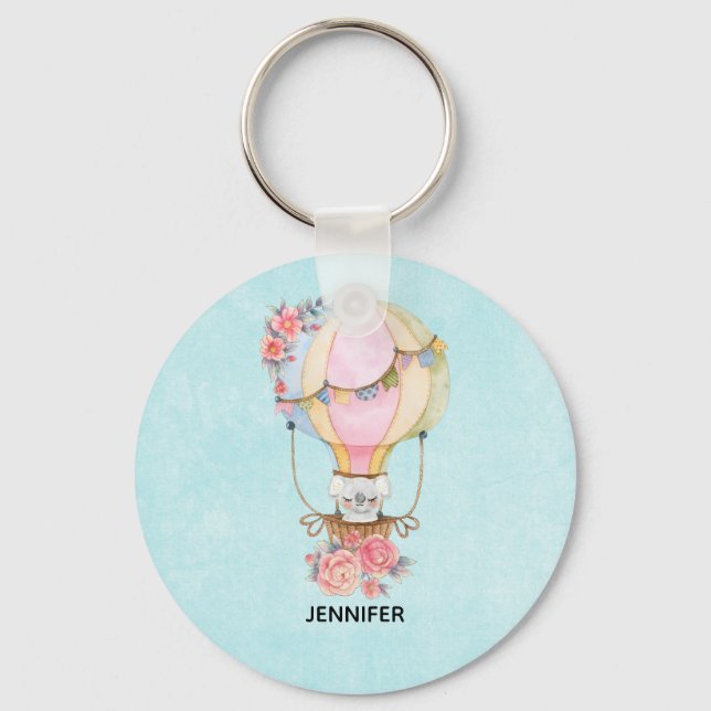 Cute Hot Air Balloon with Bear Watercolor Keychain (Front)