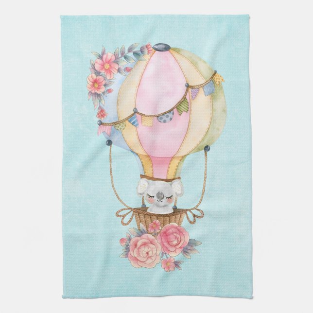 Cute Hot Air Balloon with Bear Watercolor Kitchen Towel (Vertical)