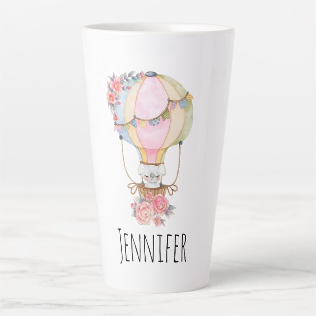Cute Hot Air Balloon with Bear Watercolor  Latte Mug (Front)