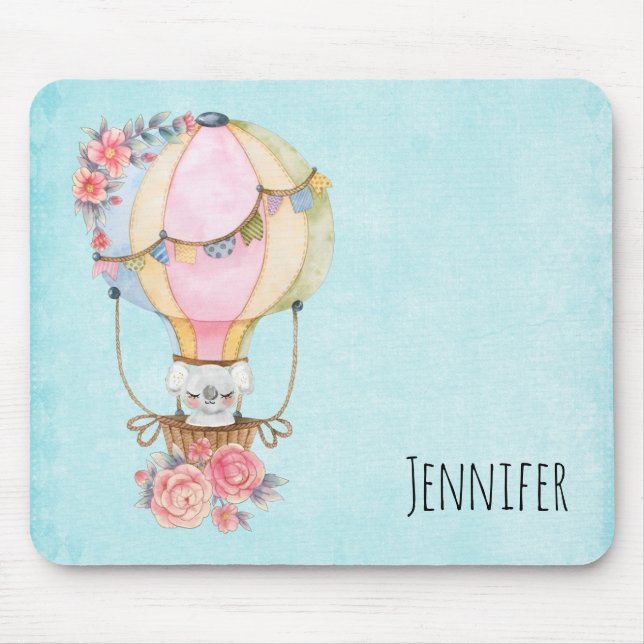Cute Hot Air Balloon with Bear Watercolor Mouse Pad (Front)