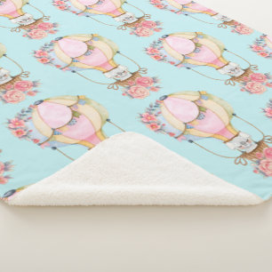 Cute Hot Air Balloon with Bear Watercolor Pattern Sherpa Blanket