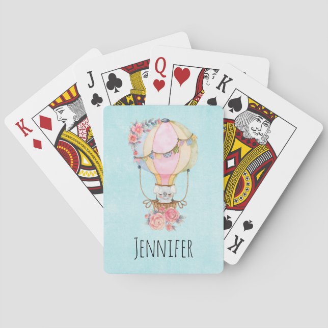 Cute Hot Air Balloon with Bear Watercolor Playing Cards (Back)