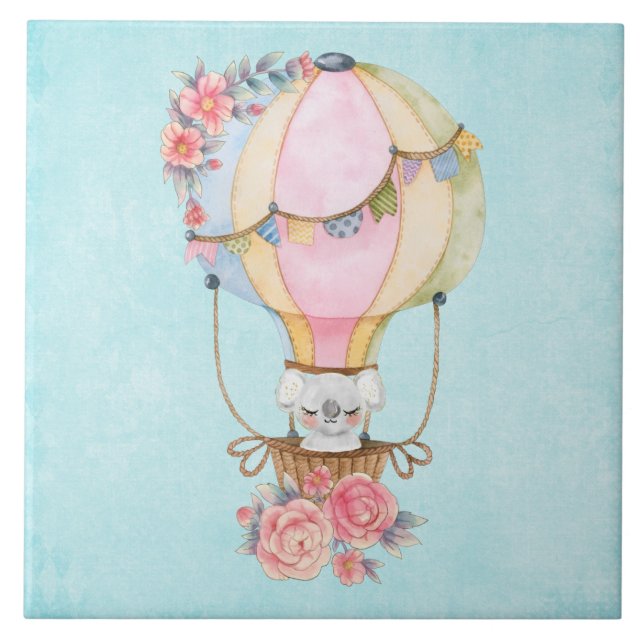 Cute Hot Air Balloon with Bear Watercolor Tile (Front)