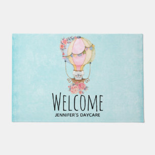 Cute Hot Air Balloon with Bear Watercolor Welcome Doormat