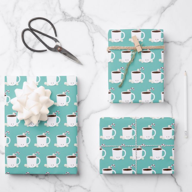 Cute Hot Chocolate Teal Christmas Wrapping Paper Sheet (Front)