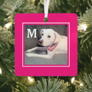 Cute Hot Pink 2 Photo Dog and Initial Christmas Metal Ornament