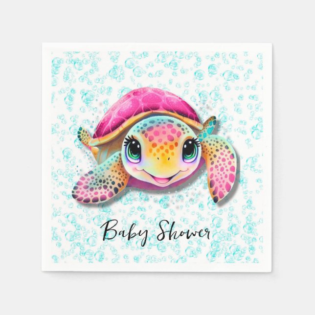 Cute Hot Pink and Teal Turtle Girl Baby Shower Napkin (Front)
