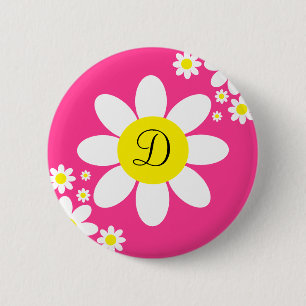 Cute Hot Pink and White Daisy Single Initial 2 Inch Round Button