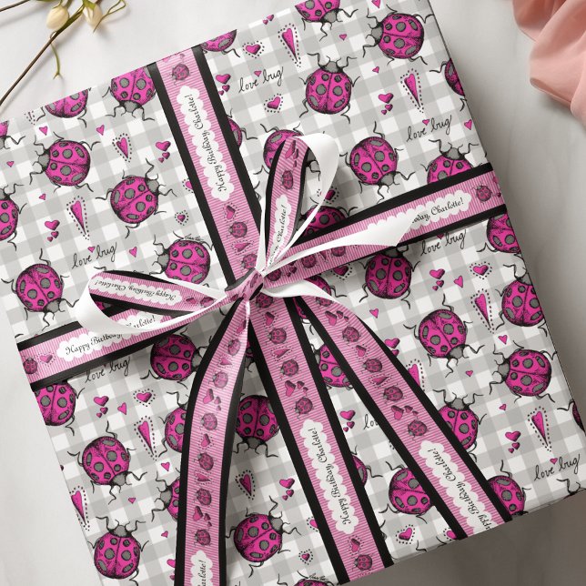 Cute Hot Pink & Black Ladybug Drawing Pattern Kids Wrapping Paper (If you think this wrapping paper is cute, you must check out the adorable matching ribbon! )