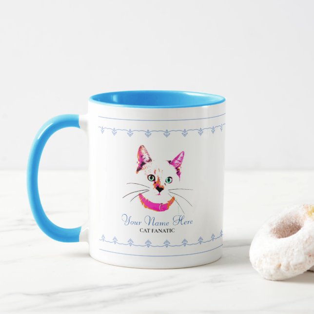 Cute Hot Pink Cat Lover Kitty Face Add Your Name Mug (With Donut)