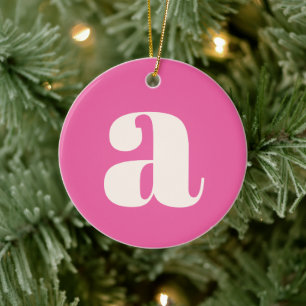 Cute Hot Pink Custom Monogram Retro Lettering Ceramic Ornament