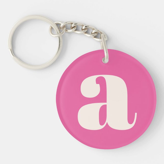 Cute Hot Pink Custom Monogram Retro Lettering Keychain (Front)